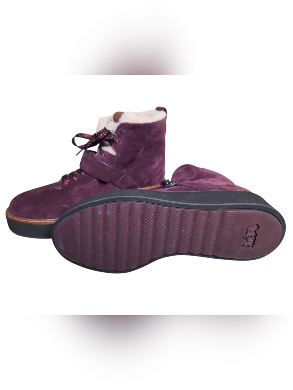 Coach Plum Suede Women's Winter Ankle Boots with Shearling Trim Size 9B